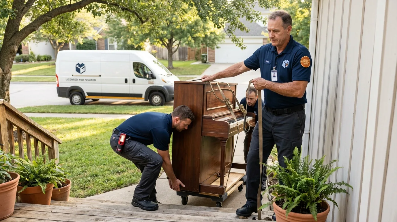 Licensed piano movers securing grand piano in Lincoln, NE