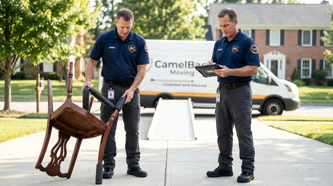 Movers inspecting furniture for damage prevention before loading in Lincoln, NE