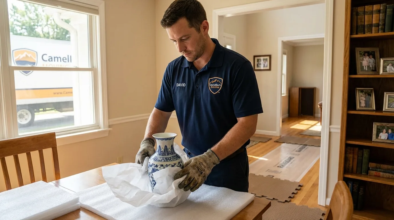 Professional crew carefully wrapping antique vase for senior downsizing move in Lincoln, NE